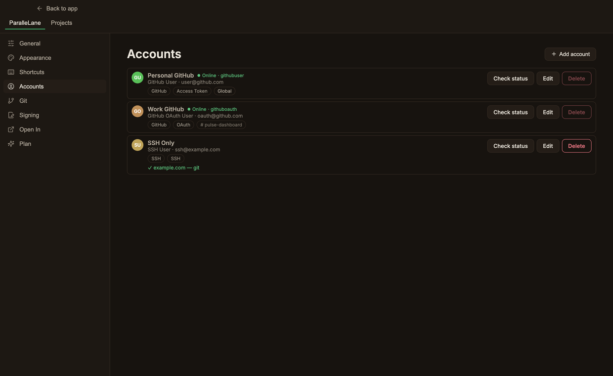 The ParalleLane account settings screen. Three accounts connected through a GitHub token, GitHub OAuth, and SSH are listed with their authentication method and connection status, and one account shows the name of the repository assigned to use it.