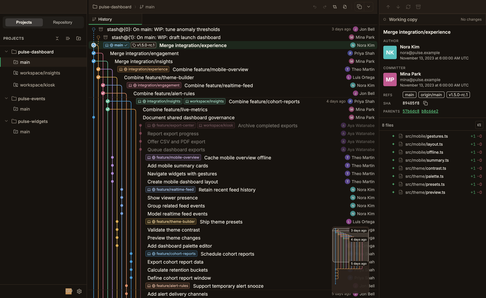 The ParalleLane main screen. The repository and worktree list is on the left, the commit graph in the center, and the details of the selected commit with its changed files on the right.