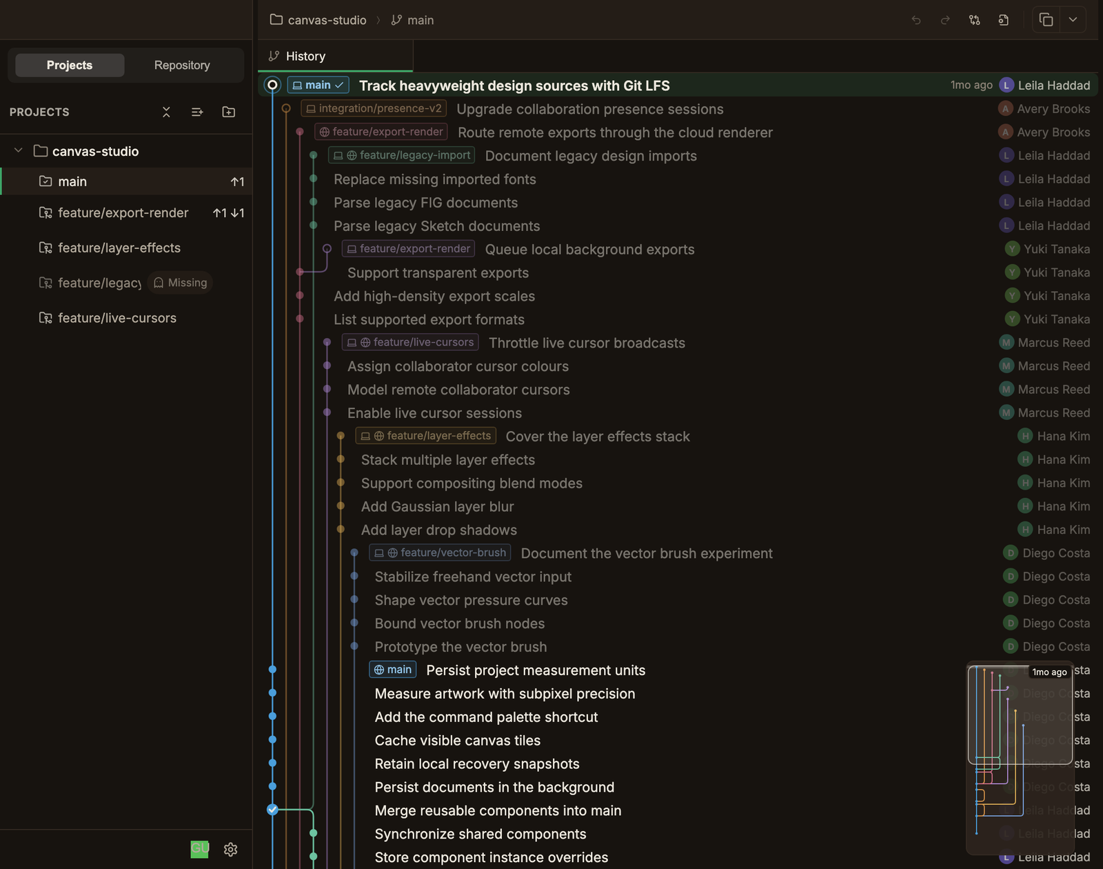 The ParalleLane worktree screen. Five worktrees of one repository are listed on the left with their branch names, ahead and behind commit count badges, and a marker for a worktree whose folder is gone; the commit graph of the selected worktree follows on the right.